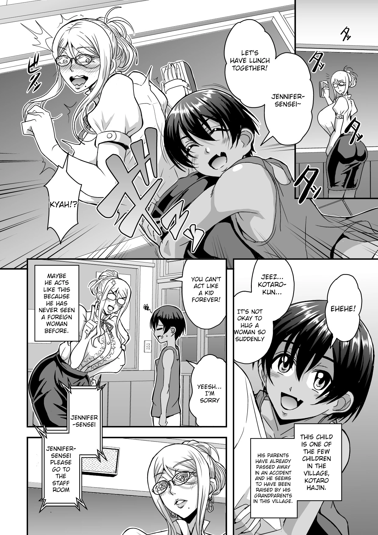 Bakunyuu Hitozuma Kinpatsu Gaikokujin Jokyoushi ga Mura no Inshuu de Kasshoku Shota no Fudeoroshi o Suru Hanashi image number 2