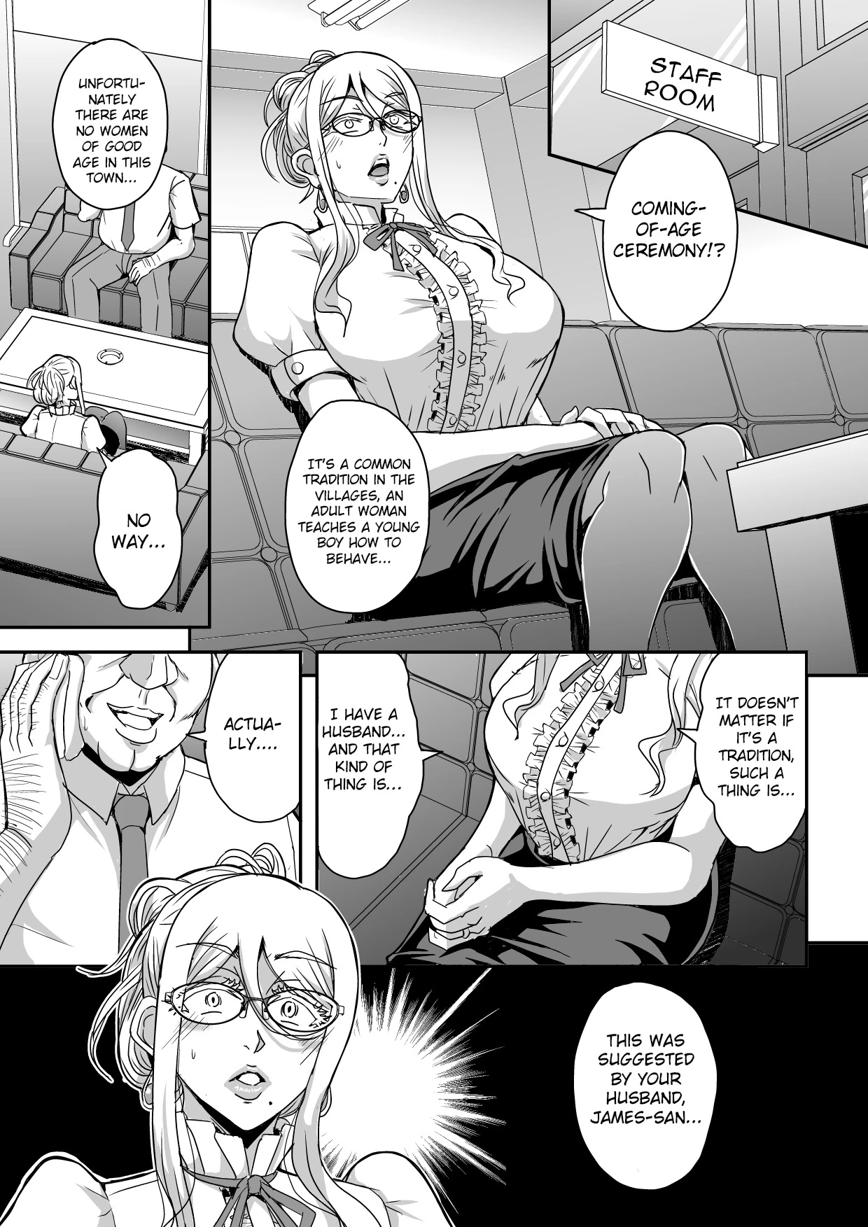 Bakunyuu Hitozuma Kinpatsu Gaikokujin Jokyoushi ga Mura no Inshuu de Kasshoku Shota no Fudeoroshi o Suru Hanashi image number 3
